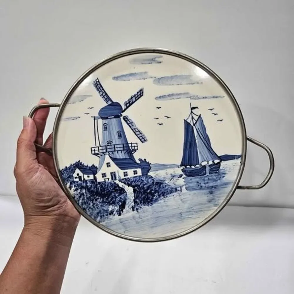 Vintage Dutch Delft Blue Windmill Sailboat Trivet Hot Plate with Handles.